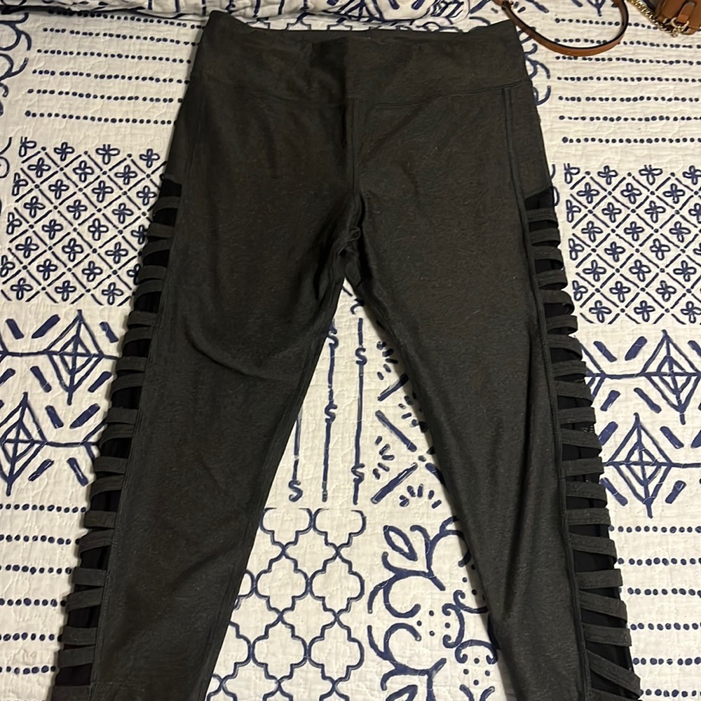EXP Core performance from Express charcoal grey crop leggings, black mesh sides